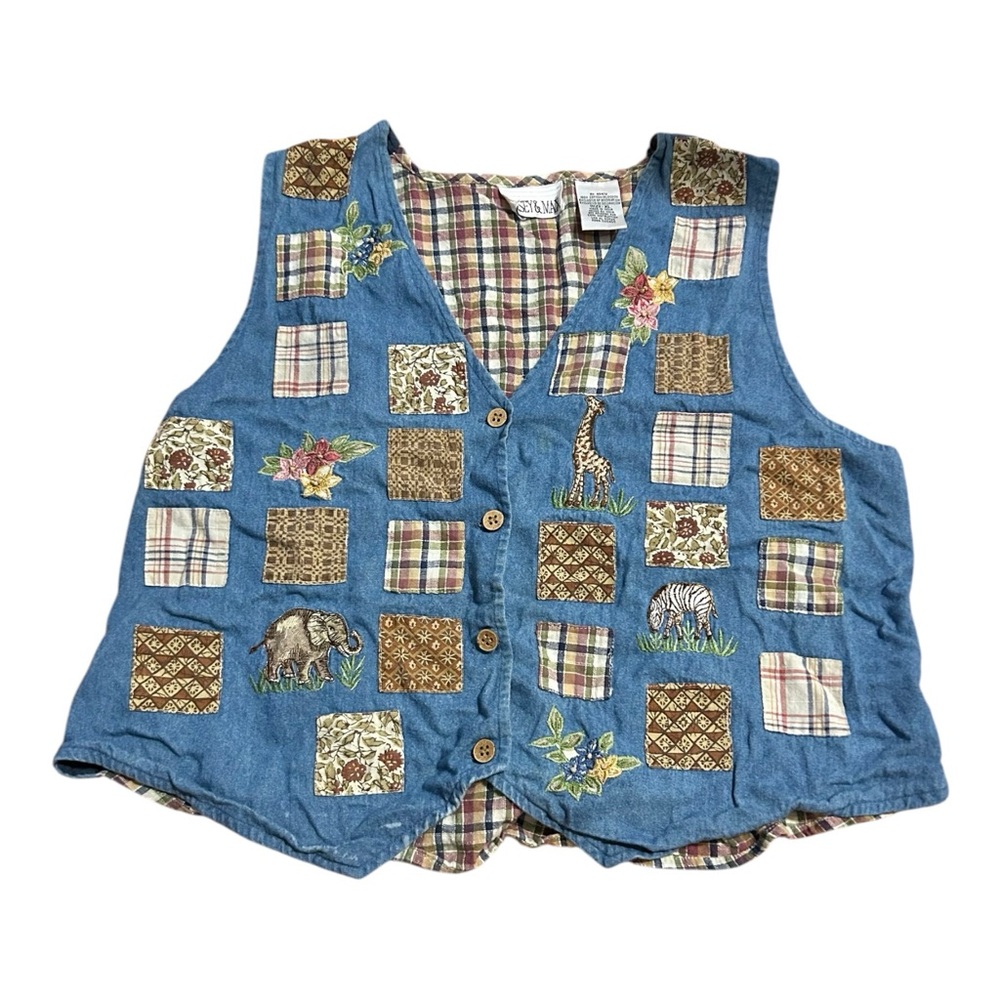 Casey & Max Vintage Patchwork‎ Embroidered Safari Animal Vest Cottagecore